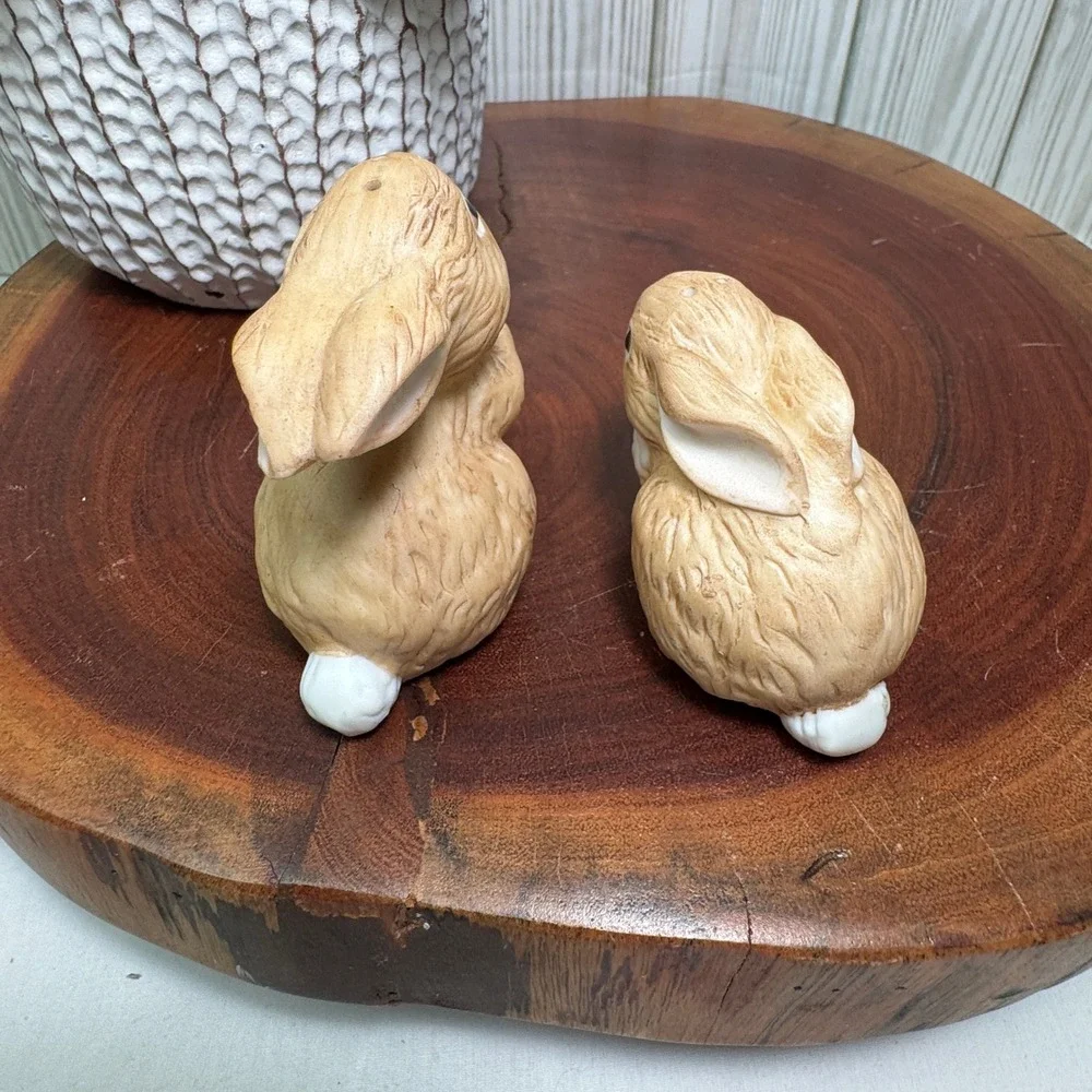 Vintage Ceramic Bunny Rabbit Salt and Pepper Shakers Set Tan White Easter Decor
